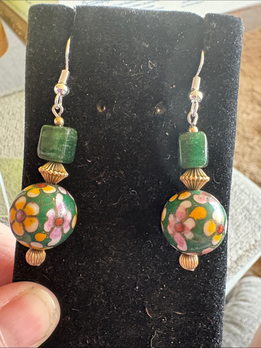 Hand Crafted Green Floral Cloisonné Earrings with Jade & Pink and Yellow Flowers